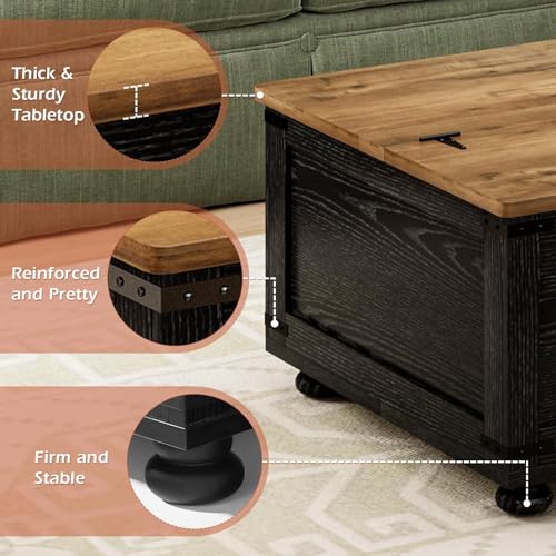 Farmhouse Lift Top Coffee Table with Storage, Black Lift Top Coffee Table with Hydraulic Gas Rod, Large Lift Square Top Coffee Table with Wood Gourd Feet, Coffee Table with for Living Room