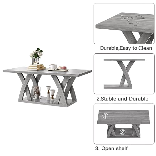 FROMJBEST Farmhouse Coffee Table with Shelf, Wood Coffee Table for Living Room, Open Display Area,47” Grey