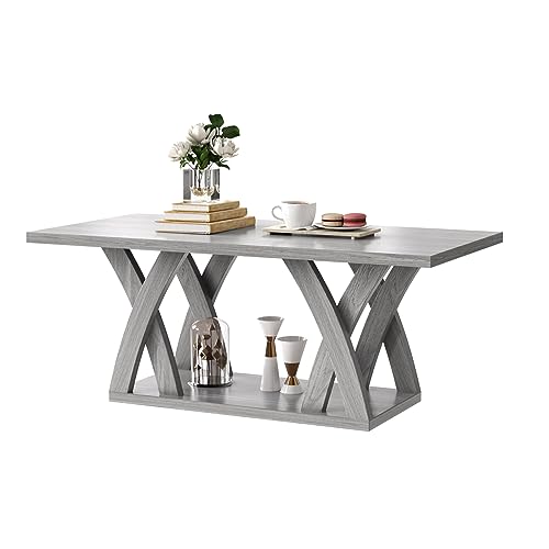 FROMJBEST Farmhouse Coffee Table with Shelf, Wood Coffee Table for Living Room, Open Display Area,47” Grey