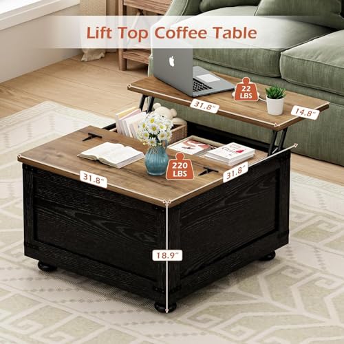 Farmhouse Lift Top Coffee Table with Storage, Black Lift Top Coffee Table with Hydraulic Gas Rod, Large Lift Square Top Coffee Table with Wood Gourd Feet, Coffee Table with for Living Room