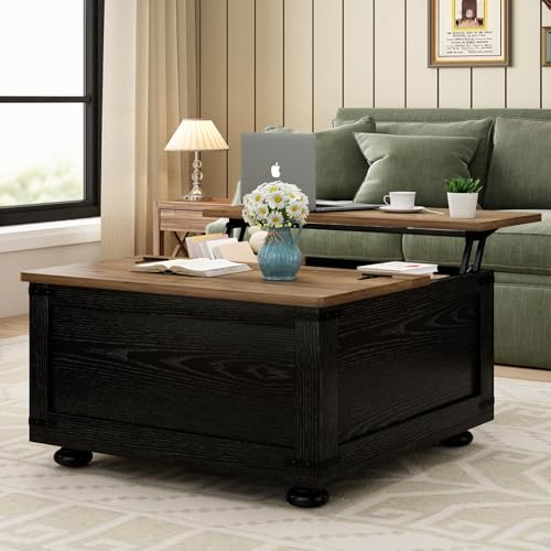 Farmhouse Lift Top Coffee Table with Storage, Black Lift Top Coffee Table with Hydraulic Gas Rod, Large Lift Square Top Coffee Table with Wood Gourd Feet, Coffee Table with for Living Room