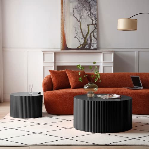 WILLIAMSPACE Nesting Coffee Table Set of 2, Matte Black Round Wooden Coffee Tables, Modern Luxury Side Tables Accent End Table for Living Room Apartment (Black-Round)