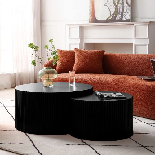 WILLIAMSPACE Nesting Coffee Table Set of 2, Matte Black Round Wooden Coffee Tables, Modern Luxury Side Tables Accent End Table for Living Room Apartment (Black-Round)