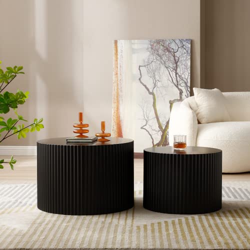 WILLIAMSPACE Black Round Coffee Table Set of 2, Nesting Coffee Tables for Living Room, Modern Wooden Side Tables Accent End Table for Apartment, No Need Assembly (Black-Round)