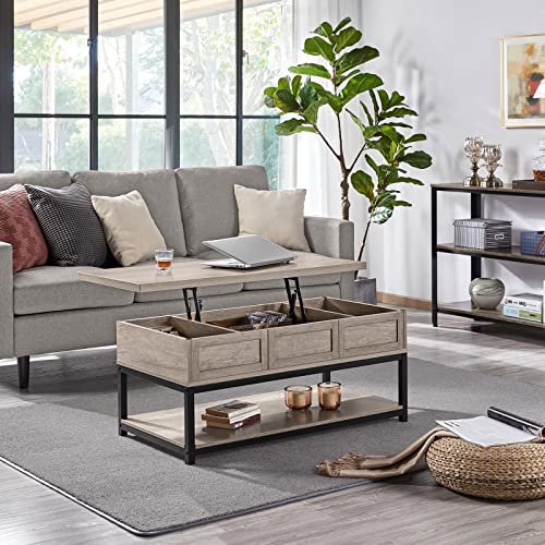 Yaheetech Living Room Table Set of 3, Industrial Wooden Lift Top Coffee Table with Hidden Compartment and Bottom Open Shelf & 2pcs End Side Tables with Open Storage Rack for Living Room Office, Gray