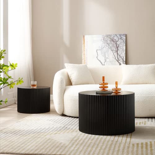 WILLIAMSPACE Black Round Coffee Table Set of 2, Nesting Coffee Tables for Living Room, Modern Wooden Side Tables Accent End Table for Apartment, No Need Assembly (Black-Round)