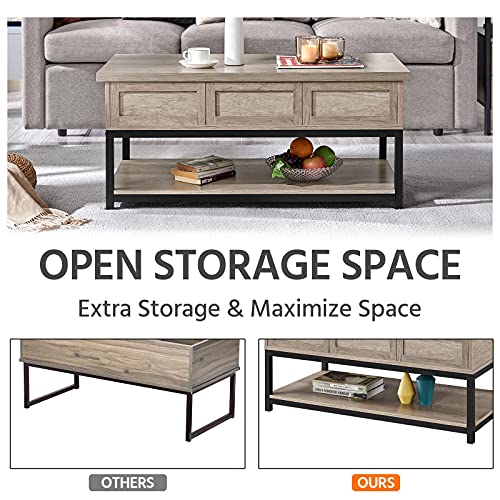 Yaheetech Living Room Table Set of 3, Industrial Wooden Lift Top Coffee Table with Hidden Compartment and Bottom Open Shelf & 2pcs End Side Tables with Open Storage Rack for Living Room Office, Gray