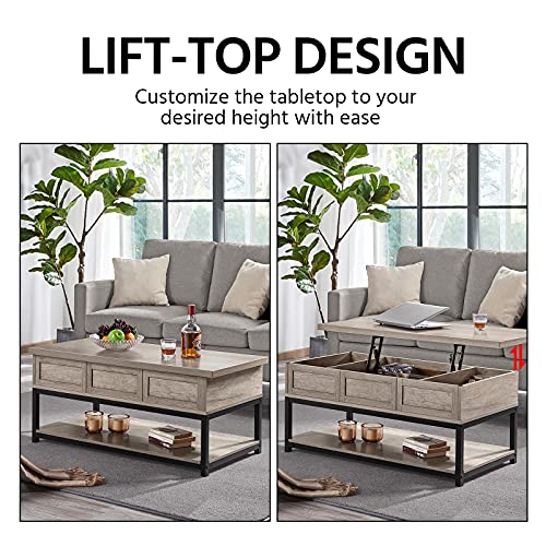 Yaheetech Living Room Table Set of 3, Industrial Wooden Lift Top Coffee Table with Hidden Compartment and Bottom Open Shelf & 2pcs End Side Tables with Open Storage Rack for Living Room Office, Gray