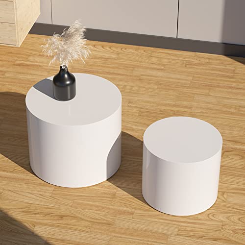 LyuHome Round Coffee Table Set of 2, Nesting Coffee Table and End Table Set Wood Small Circle Drum Side Table for Living Room Office, No Assembly,White