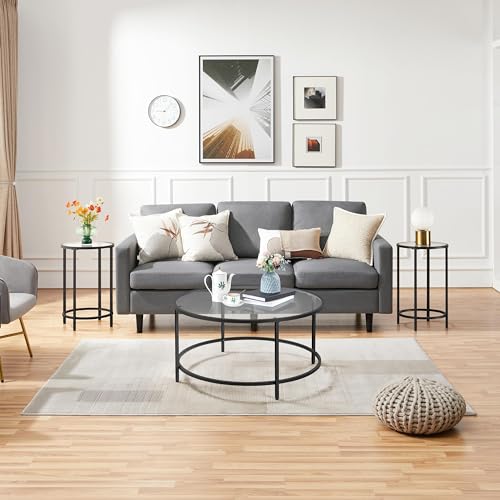 Yaheetech Glass Coffee Table Set of 3Pcs, Round Coffee Table & 2pcs Round End Table w/Reinforced Frame & Tempered Glass Surface for Living Room, Apartment, Black