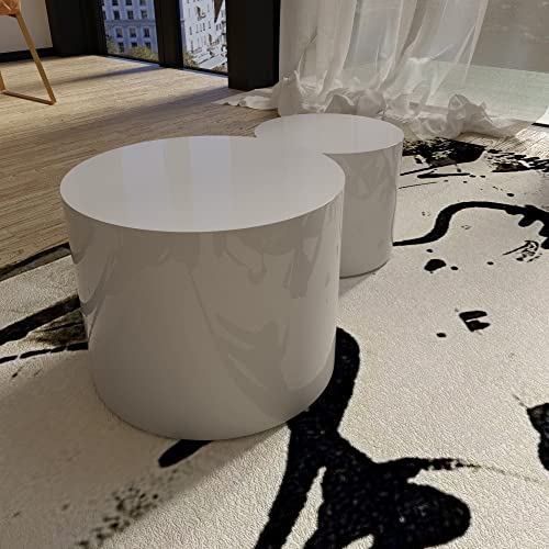 LyuHome Round Coffee Table Set of 2, Nesting Coffee Table and End Table Set Wood Small Circle Drum Side Table for Living Room Office, No Assembly,White