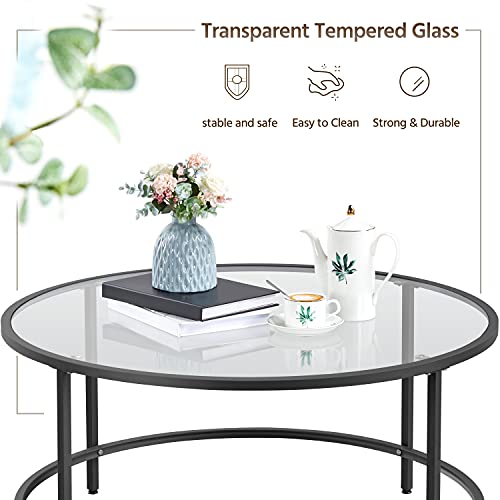 Yaheetech Glass Coffee Table Set of 3Pcs, Round Coffee Table & 2pcs Round End Table w/Reinforced Frame & Tempered Glass Surface for Living Room, Apartment, Black