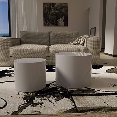 LyuHome Round Coffee Table Set of 2, Nesting Coffee Table and End Table Set Wood Small Circle Drum Side Table for Living Room Office, No Assembly,White