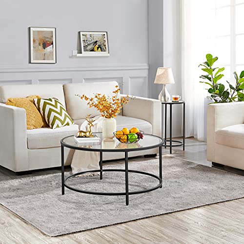 Yaheetech Glass Coffee Table Set of 3Pcs, Round Coffee Table & 2pcs Round End Table w/Reinforced Frame & Tempered Glass Surface for Living Room, Apartment, Black