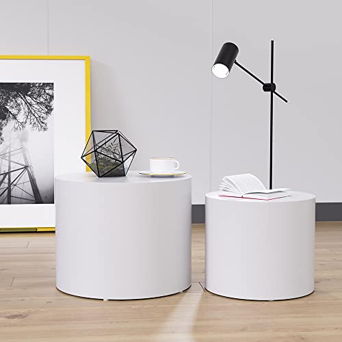 LyuHome Round Coffee Table Set of 2, Nesting Coffee Table and End Table Set Wood Small Circle Drum Side Table for Living Room Office, No Assembly,White