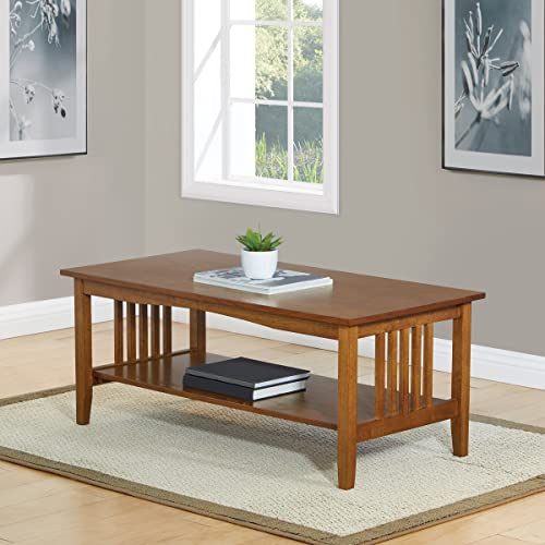 OSP Home Furnishings Sierra Coffee Table with Lower Storage Shelf and Mission Style Side Panels, Brown Ash