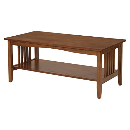 OSP Home Furnishings Sierra Coffee Table with Lower Storage Shelf and Mission Style Side Panels, Brown Ash