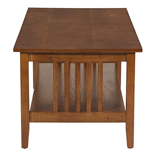 OSP Home Furnishings Sierra Coffee Table with Lower Storage Shelf and Mission Style Side Panels, Brown Ash