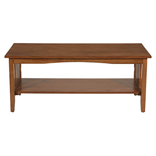 OSP Home Furnishings Sierra Coffee Table with Lower Storage Shelf and Mission Style Side Panels, Brown Ash