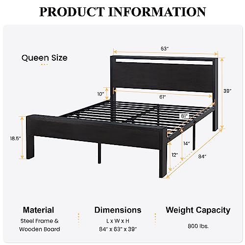 SHA CERLIN 14 Inch Queen Size Metal Platform Bed Frame with Wooden Headboard and Footboard, Mattress Foundation, No Box Spring Needed, Large Under Bed Storage, Non-Slip, Black Oak