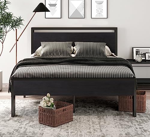 SHA CERLIN 14 Inch Queen Size Metal Platform Bed Frame with Wooden Headboard and Footboard, Mattress Foundation, No Box Spring Needed, Large Under Bed Storage, Non-Slip, Black Oak