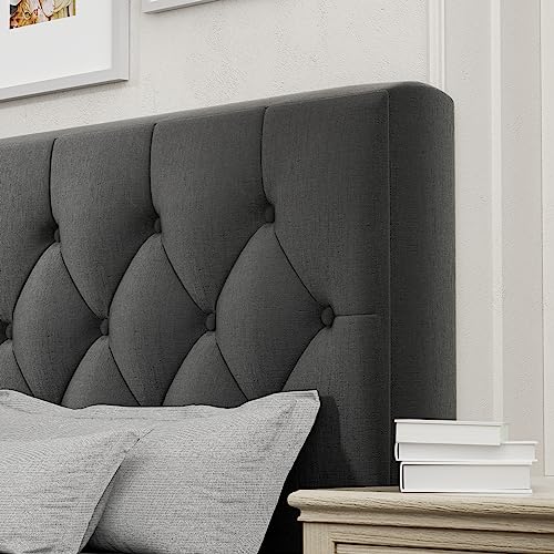 Full Size Platform Bed Frame with Upholstered Headboard, Button Tufted Design, No Box Spring Needed, Dark Grey
