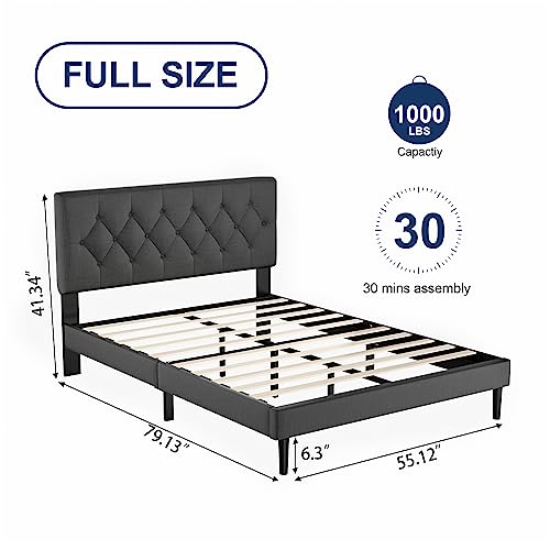 Full Size Platform Bed Frame with Upholstered Headboard, Button Tufted Design, No Box Spring Needed, Dark Grey