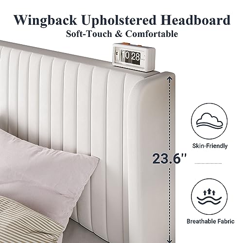 Allewie Full Size Velvet Bed Frame/Vertical Channel Tufted Wingback Headboard/Upholstered Platform Bed/Strong Wooden Slats/No Box Spring Needed/Easy Assembly/White