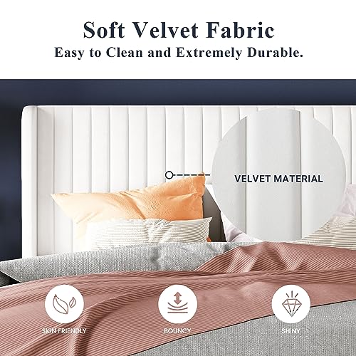 Allewie Full Size Velvet Bed Frame/Vertical Channel Tufted Wingback Headboard/Upholstered Platform Bed/Strong Wooden Slats/No Box Spring Needed/Easy Assembly/White