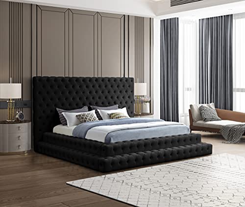 Meridian Furniture Revel Collection Velvet Upholstered Bed with Deep Button Tufting, King, Black