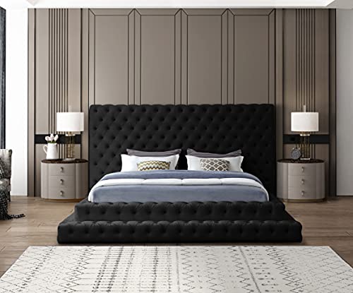 Meridian Furniture Revel Collection Velvet Upholstered Bed with Deep Button Tufting, King, Black