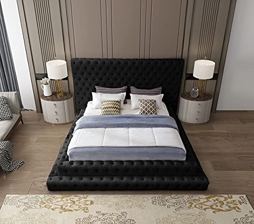 Meridian Furniture Revel Collection Velvet Upholstered Bed with Deep Button Tufting, King, Black