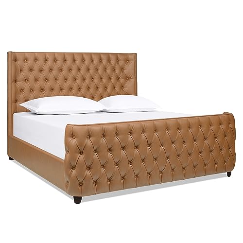 Jennifer Taylor Home Harmonie Upholstered Shelter Headboard Bed Set, King, Caramel Tan Brown Faux Leather