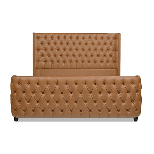 Jennifer Taylor Home Harmonie Upholstered Shelter Headboard Bed Set, King, Caramel Tan Brown Faux Leather