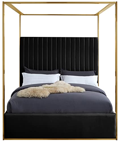 Meridian Furniture JonesBlack-K Jones Collection Modern | Contemporary Upholstered King Bed, Black Velvet, Channel Tufting, Brushed Brass Frame, 82.5" W x 86.5" D x 79" H, Black, King