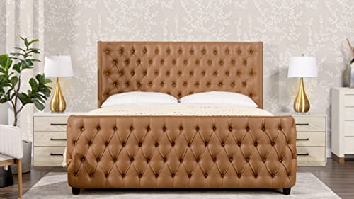 Jennifer Taylor Home Harmonie Upholstered Shelter Headboard Bed Set, King, Caramel Tan Brown Faux Leather