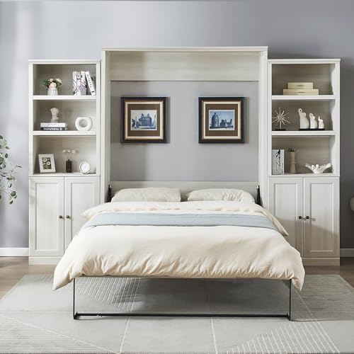 Harper & Bright Designs Queen Size Murphy Bed Frame with 2 Side Cabinet Storage Shelf, Wood Wall Bed Cabinet Bed Queen with USB Ports, Foldable Platform Bed for Guest-Room, Home, Office, Rustic White