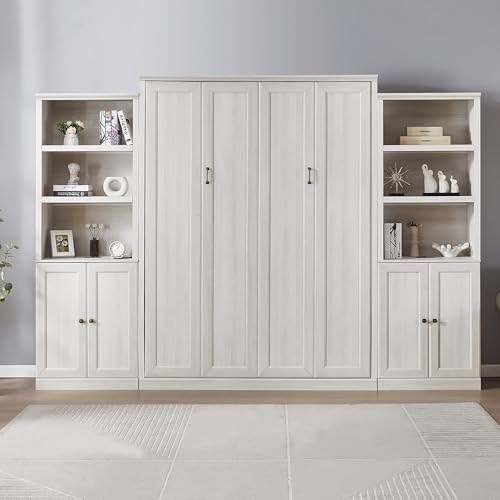 Harper & Bright Designs Queen Size Murphy Bed Frame with 2 Side Cabinet Storage Shelf, Wood Wall Bed Cabinet Bed Queen with USB Ports, Foldable Platform Bed for Guest-Room, Home, Office, Rustic White