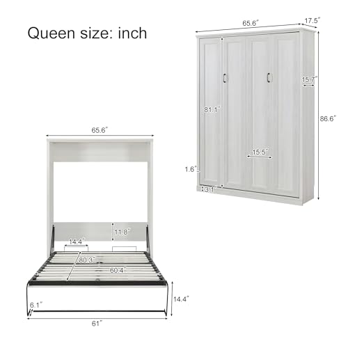 Harper & Bright Designs Queen Size Murphy Bed Frame with 2 Side Cabinet Storage Shelf, Wood Wall Bed Cabinet Bed Queen with USB Ports, Foldable Platform Bed for Guest-Room, Home, Office, Rustic White