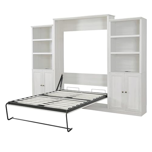 Harper & Bright Designs Queen Size Murphy Bed Frame with 2 Side Cabinet Storage Shelf, Wood Wall Bed Cabinet Bed Queen with USB Ports, Foldable Platform Bed for Guest-Room, Home, Office, Rustic White