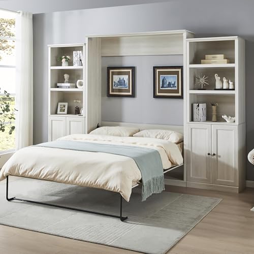 Harper & Bright Designs Queen Size Murphy Bed Frame with 2 Side Cabinet Storage Shelf, Wood Wall Bed Cabinet Bed Queen with USB Ports, Foldable Platform Bed for Guest-Room, Home, Office, Rustic White