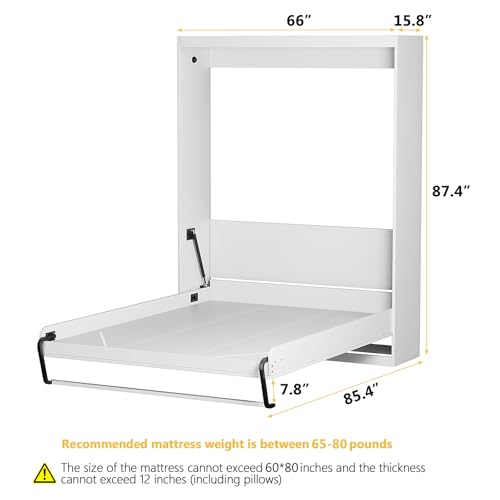 ROOMTEC Queen Size Murphy Wall Bed, White, Space-Saving Furniture Bed Frame for Bed Room,Guest Room,Home Office