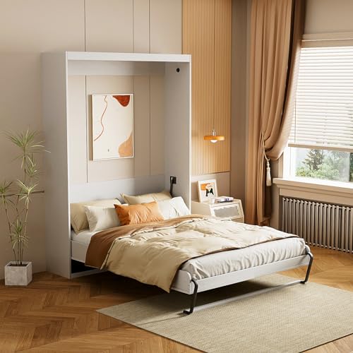 ROOMTEC Queen Size Murphy Wall Bed, White, Space-Saving Furniture Bed Frame for Bed Room,Guest Room,Home Office