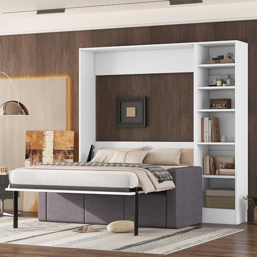 Evedy Full Size Murphy Bed,Wall Bed with Sofa, Integrated Floor-Level Storage Cubbies with Shelves, Folding Platform Bed, Murphy Chest Bed Can be Folded into a Cabinet, White