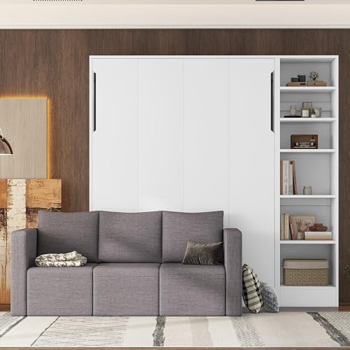 Evedy Full Size Murphy Bed,Wall Bed with Sofa, Integrated Floor-Level Storage Cubbies with Shelves, Folding Platform Bed, Murphy Chest Bed Can be Folded into a Cabinet, White