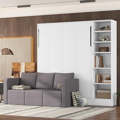 Evedy Full Size Murphy Bed,Wall Bed with Sofa, Integrated Floor-Level Storage Cubbies with Shelves, Folding Platform Bed, Murphy Chest Bed Can be Folded into a Cabinet, White