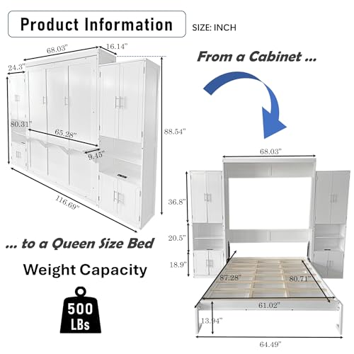 DNYN Queen Size Murphy Bed with Desk & Two Slide Storage Shelf & 68-inch Wall Bedframe Folding into Cabinet Design,for Small Space,Bedroom,Guest Room, White
