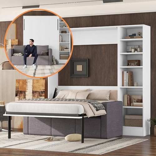 LostCat Murphy Bed with Sofa, Full Murphy Bed with Couch, Wood Murphy Bed Cabinet Bed, Wall Bed Full Horizontal Murphy Bed with Shelves, Hidden Murphy Bed Chest for Guest Bedroom Apartments, White
