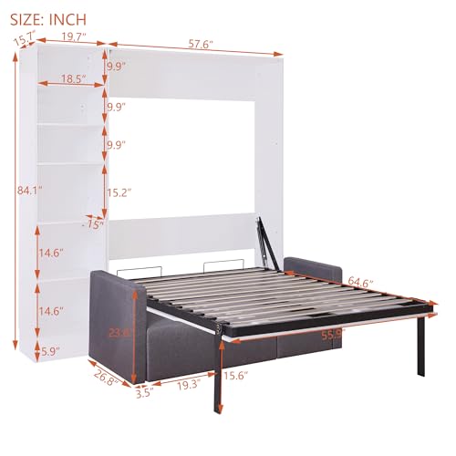 LostCat Murphy Bed with Sofa, Full Murphy Bed with Couch, Wood Murphy Bed Cabinet Bed, Wall Bed Full Horizontal Murphy Bed with Shelves, Hidden Murphy Bed Chest for Guest Bedroom Apartments, White