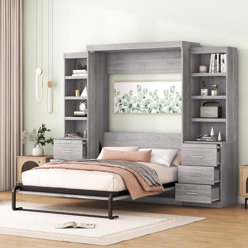 DEYOBED Multifunctional Full Size Murphy Bed with Storage Shelves and Drawers, Solid Wood Platform Bed Wall Bed Cabinet Bed for Guest Room Home Office, Ideal for Small Spaces, Gray